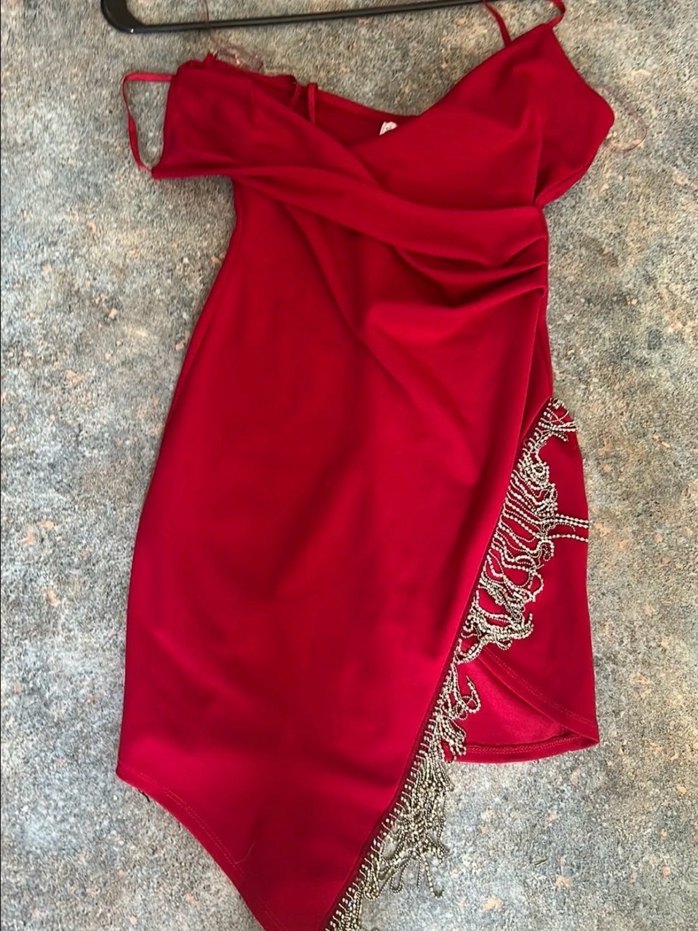 Emerald Sundae Red Draped Fringe Mini Dress